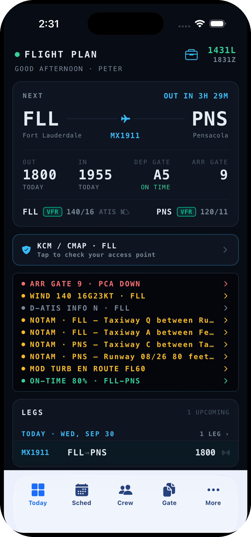iFlight Pro Flight Plan screen: next flight FLL to PNS with out and in times, gate, weather, NOTAMs, gate intel and on-time stats
